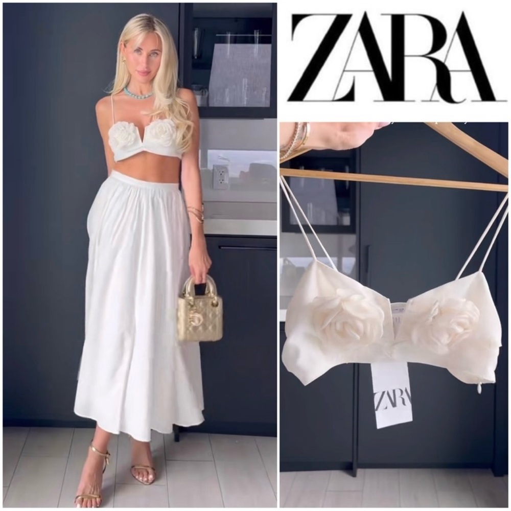 ZARA Floral Top With Textured Flowers